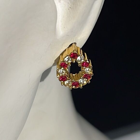 Bundle Sale 3 for $15 | Teardrop Red & Clear Faux Gemstone in Gold Tone Earrings - Picture 1 of 10